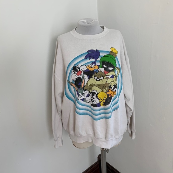 VTG 90s Looney Tunes Double Side Crewneck Sweater Sweatshirt bullseye oversized - Picture 14 of 17